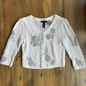 Inc White Crocheted Cardigan with Embroidered Floral Accents Sz L